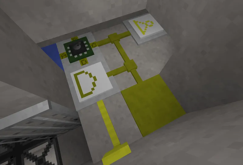 Generator room, network Top left, incoming digilines network, connected to a luacontroller. Beneath the luacontroller is an AND gate which is also connected to a wall switch. The output of the AND gate is connected to a NOT gate and back to port C on the luacontroller. It's also connected to a vertical mesecons wire, which just connects to some unseen lights.